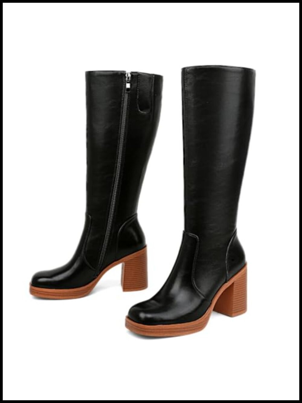 Women's Knee High Boots Square Toe Chunky Heel Faux Leather Wide Calf